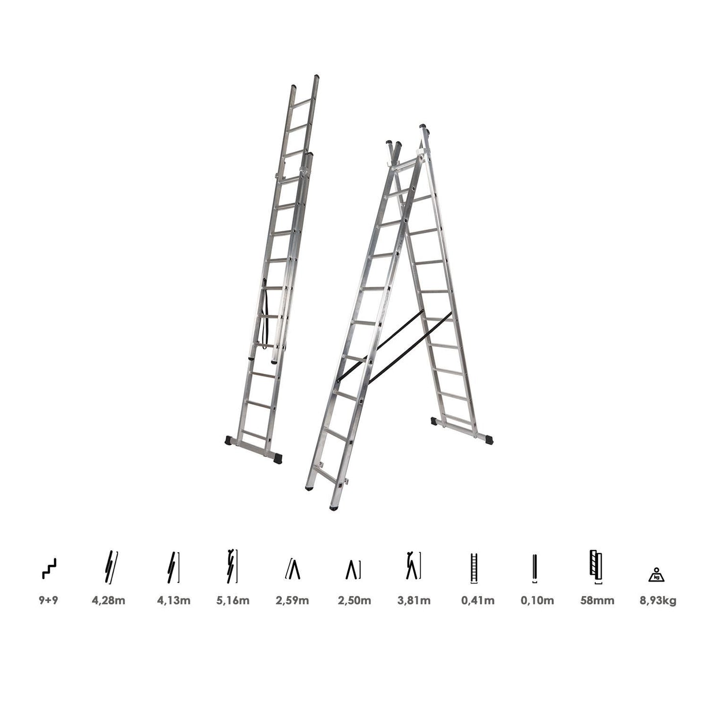 Escalera Aluminio 2 Tramos 9+9 Peldaños. Plegable, Antideslizante, Resistente_2