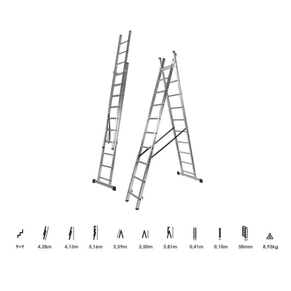 Escalera Aluminio 2 Tramos 9+9 Peldaños. Plegable, Antideslizante, Resistente_2