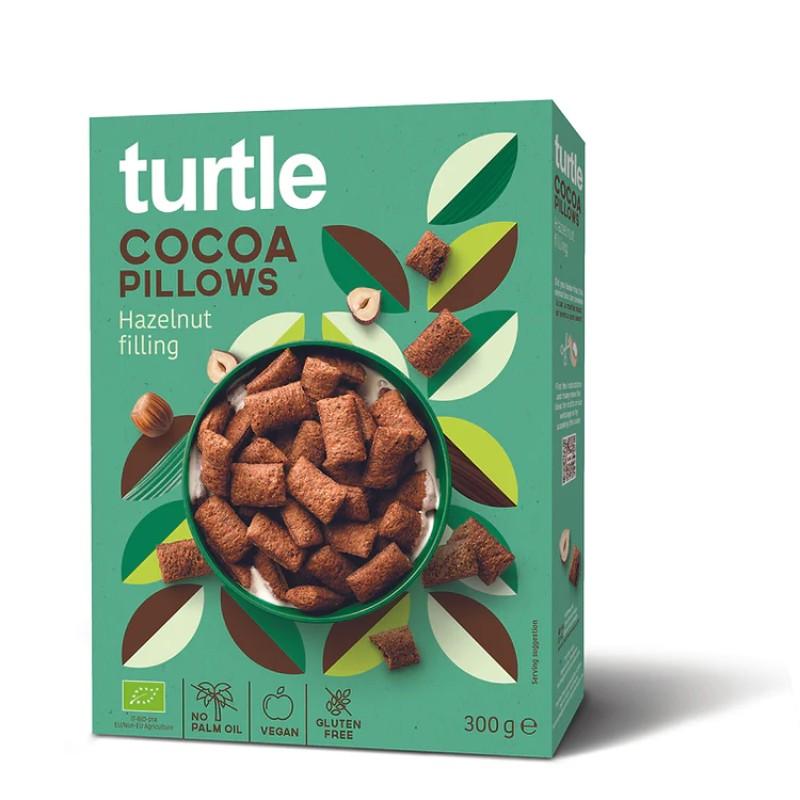 Almofadas de cacau com recheio de avelã Bio Turtle 300 g.