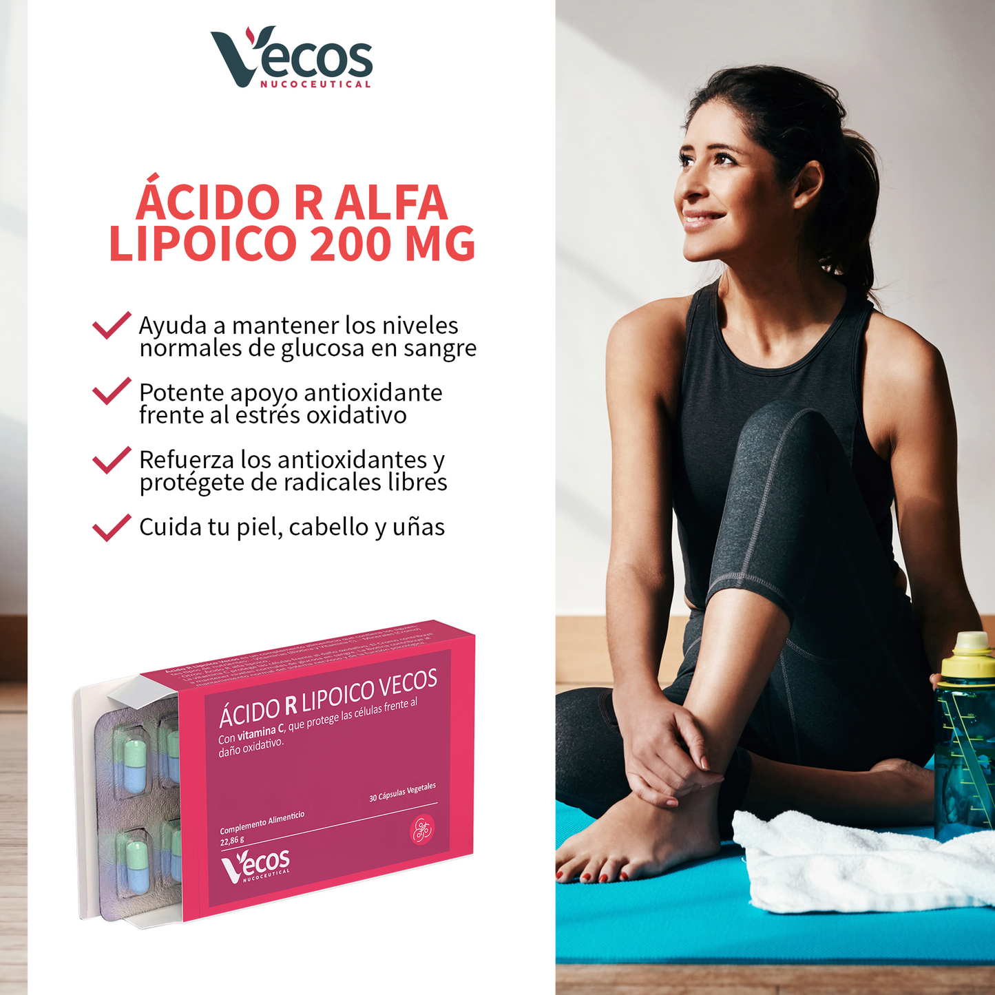 Ácido R Lipoico 600 mg VECOS (30 cápsulas) | Potente antioxidante | Glucosa normal | Con Vitamina C, Biotina y Cromo_3