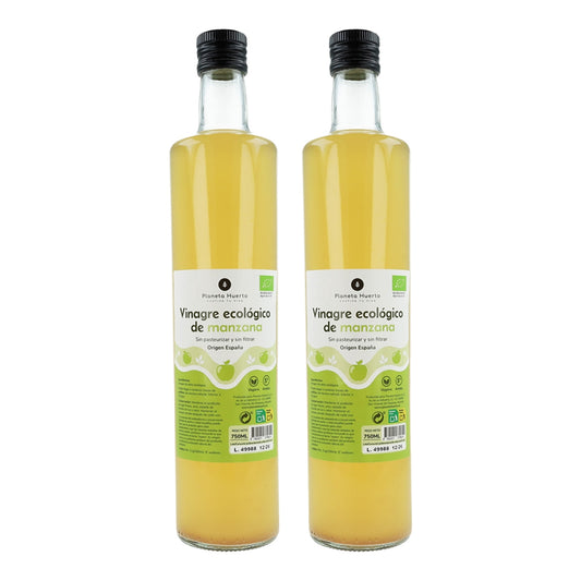 Embalagem de 2 vinagres de maçã biológicos não filtrados da Planeta Huerto, 750 ml.
