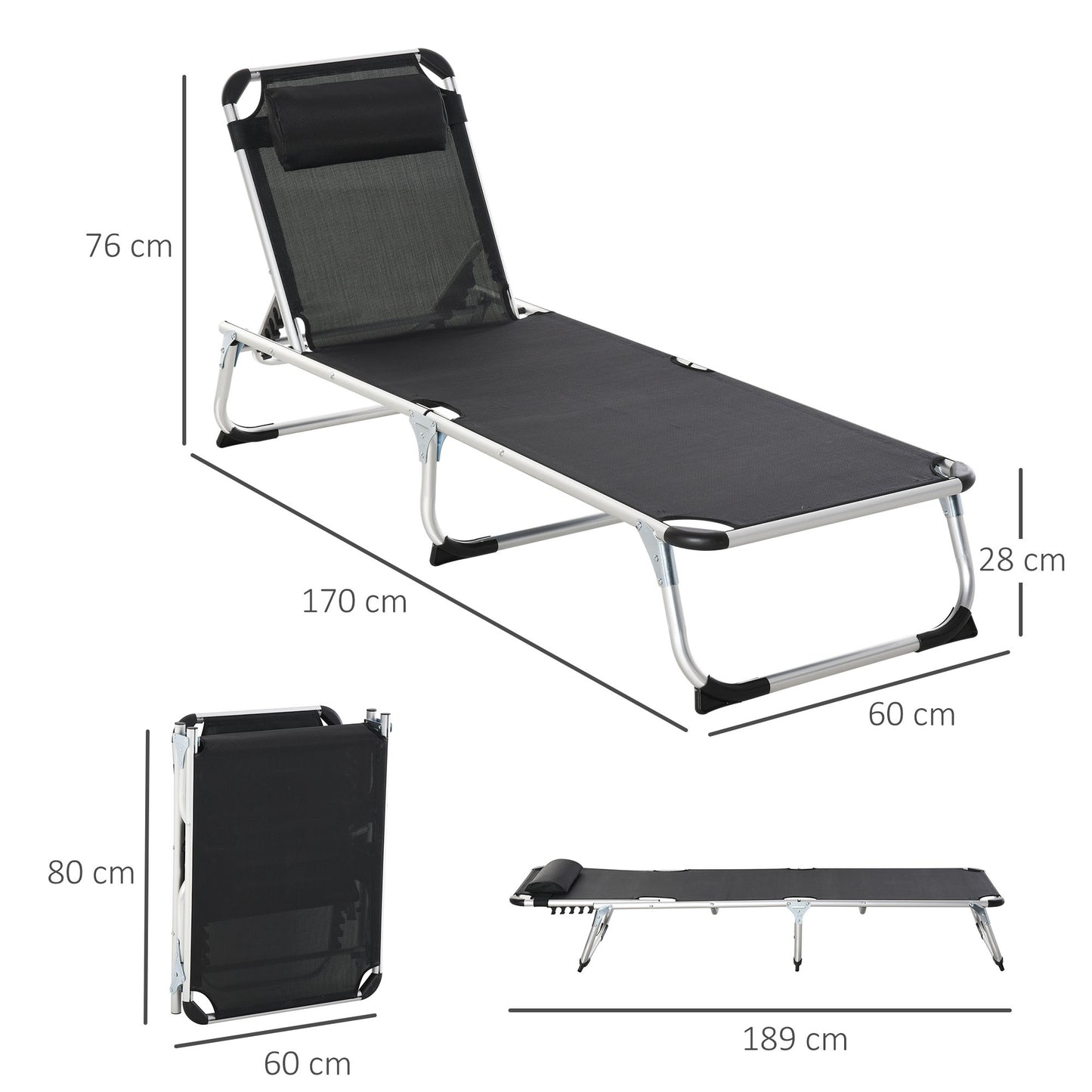Outsunny Tumbona Plegable Con Reposacabezas Respaldo Ajustable 170x60x76cm Negro_2