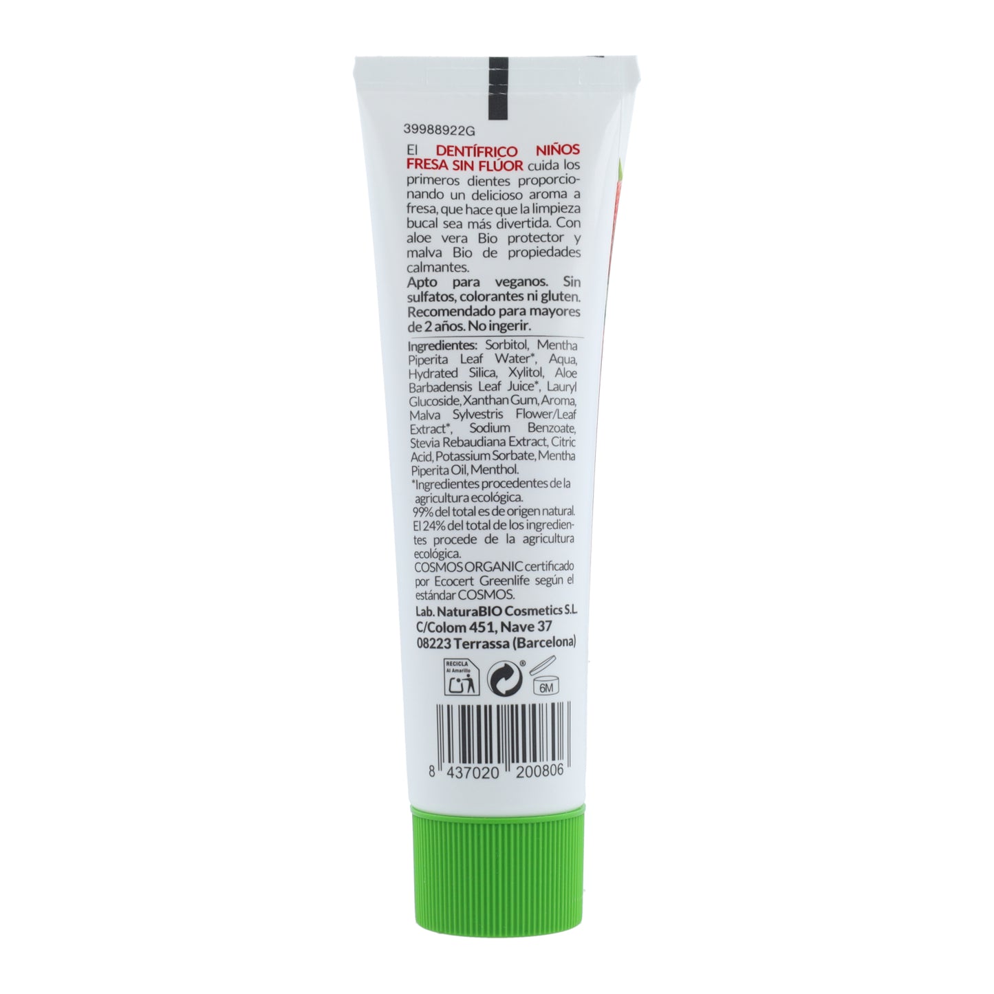 Dentífrico Niños Fresa sin fluor HappyBio 50 ml