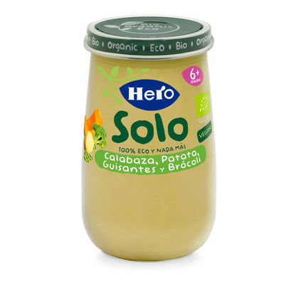 Embalagem de 3 frascos de abóbora, batata, ervilha e brócolos, biológico, 190 g - Hero Solo