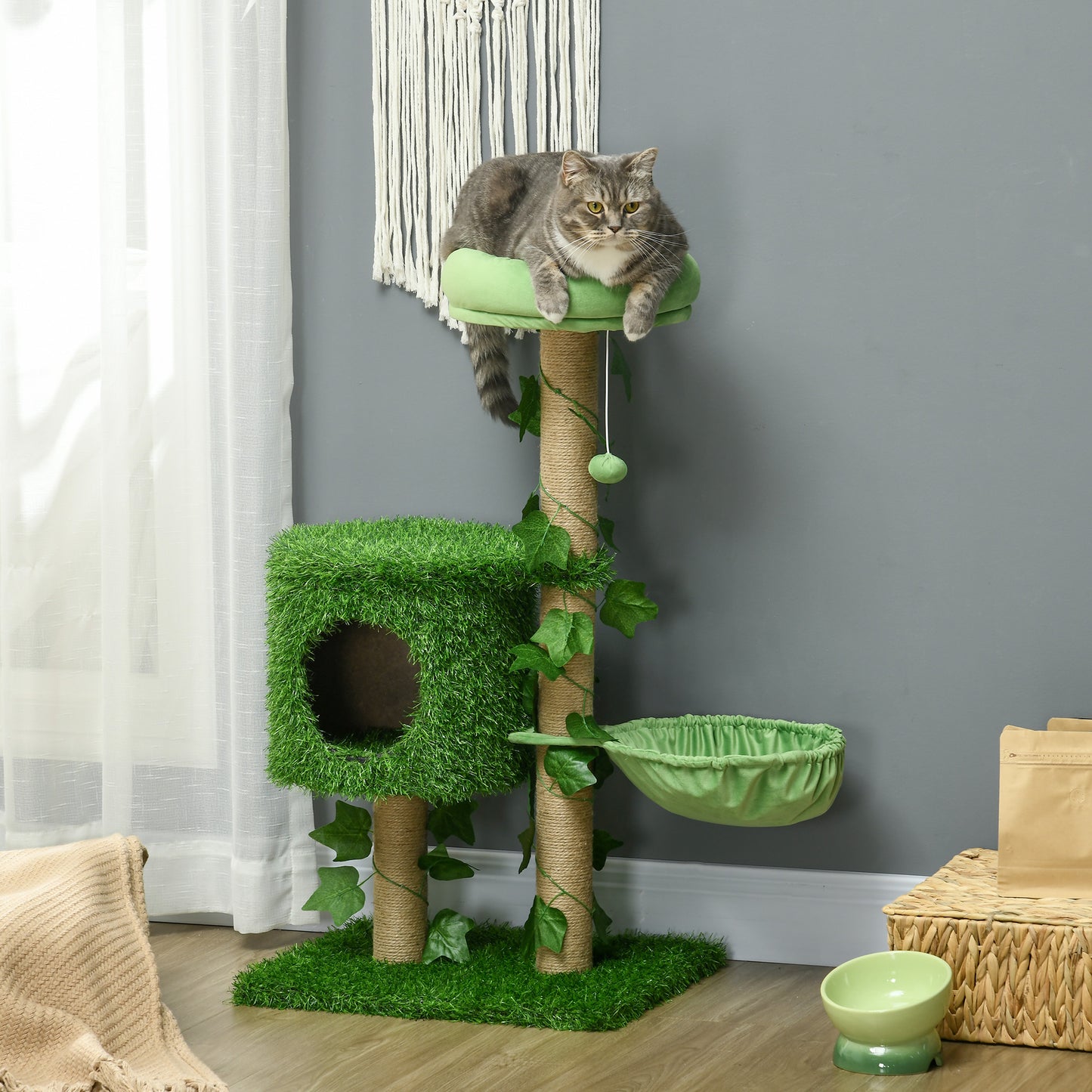 Pawhut Árbol Rascador Para Gatos 91cm Con Caseta Hamaca Poste De Yute Bola Verde_1