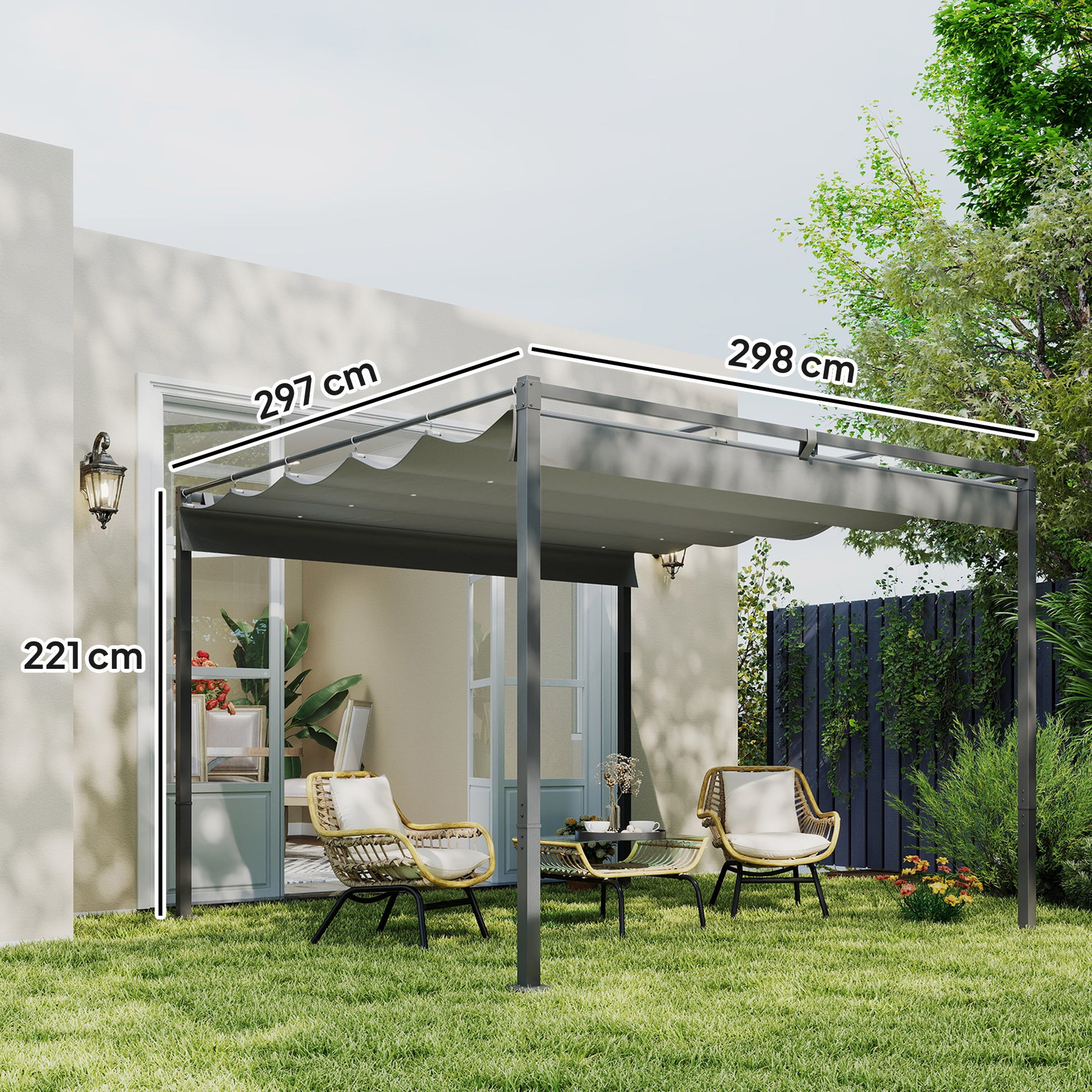 Outsunny Pérgola Con Techo Retráctil Pérgola De 3x3 M Con Cierre Magnético Gris_2