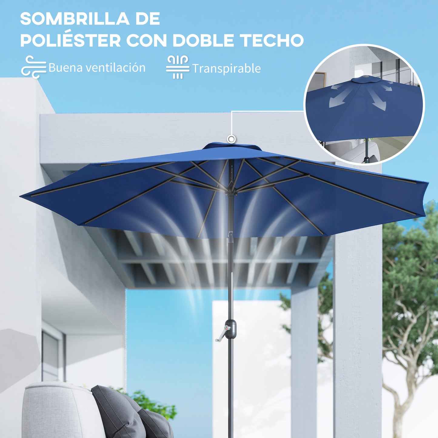 Outsunny Sombrilla De Jardín Ø295x250 Cm Con Manivela E Inclinación Azul_3
