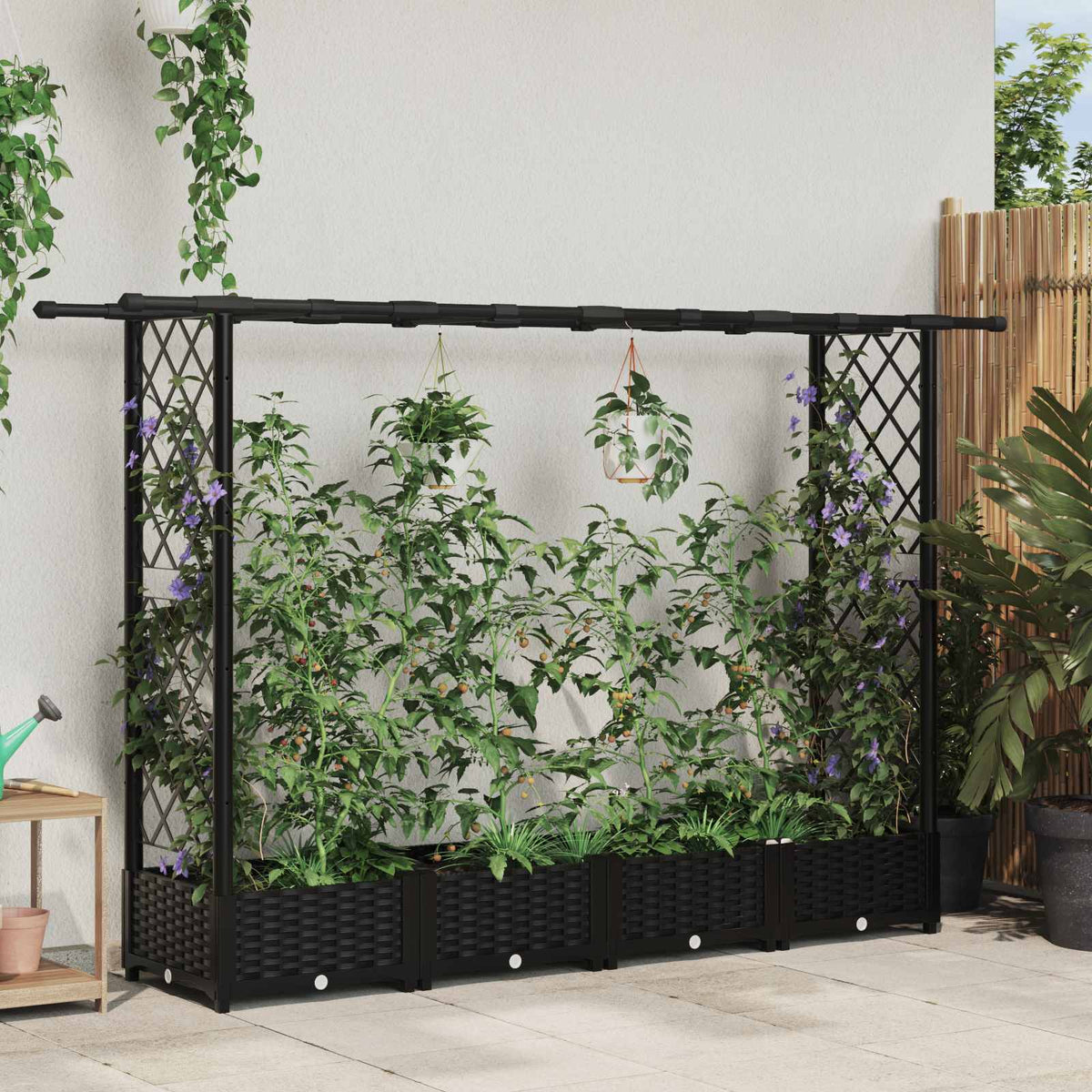 Cama Elevada Con Trellis Y Techo Negro 203 X 40 X 121 Cm Pp_1