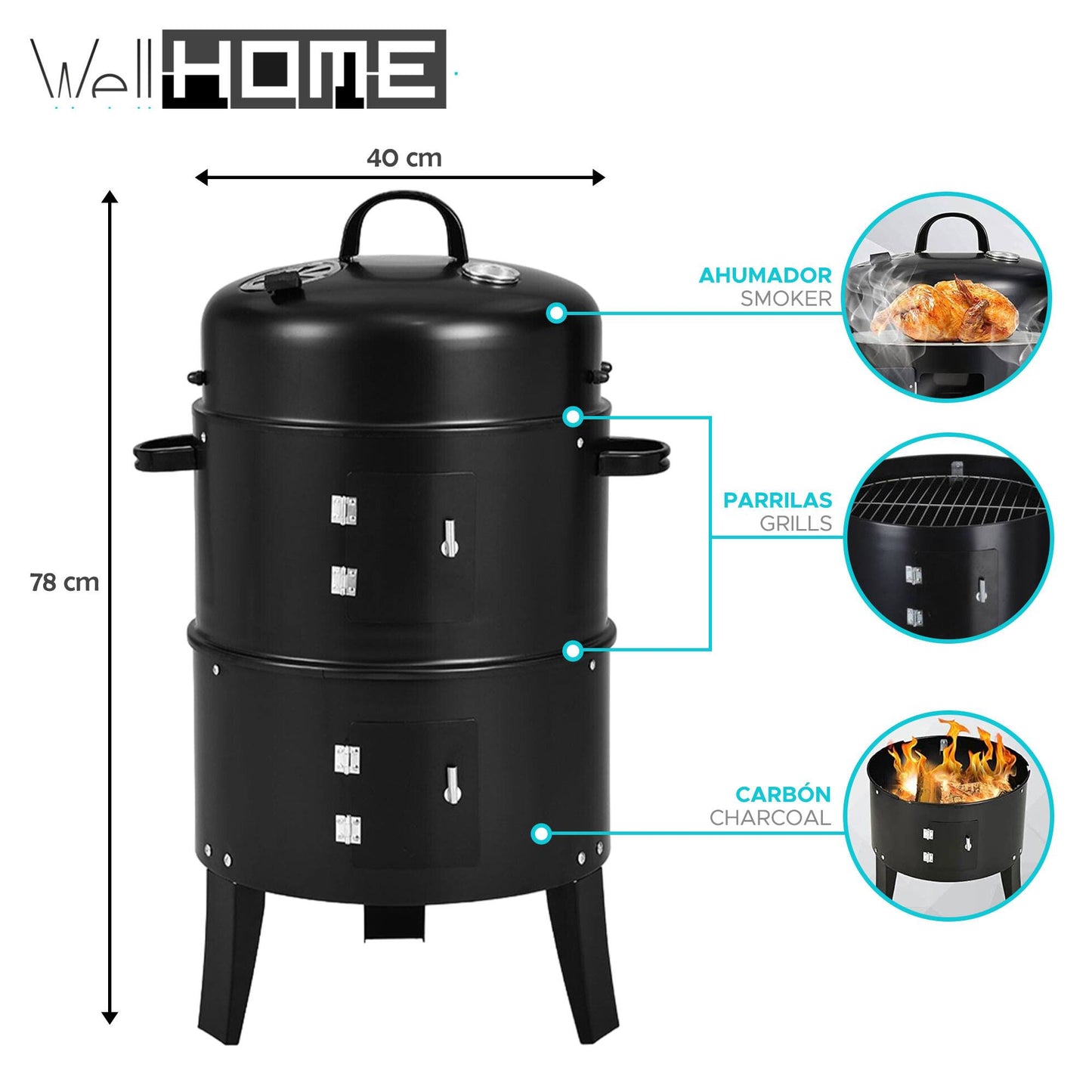 Well Home - Ahumador Bbq Ø40x78cm Con 2 Parrillas Y Termómetro_1