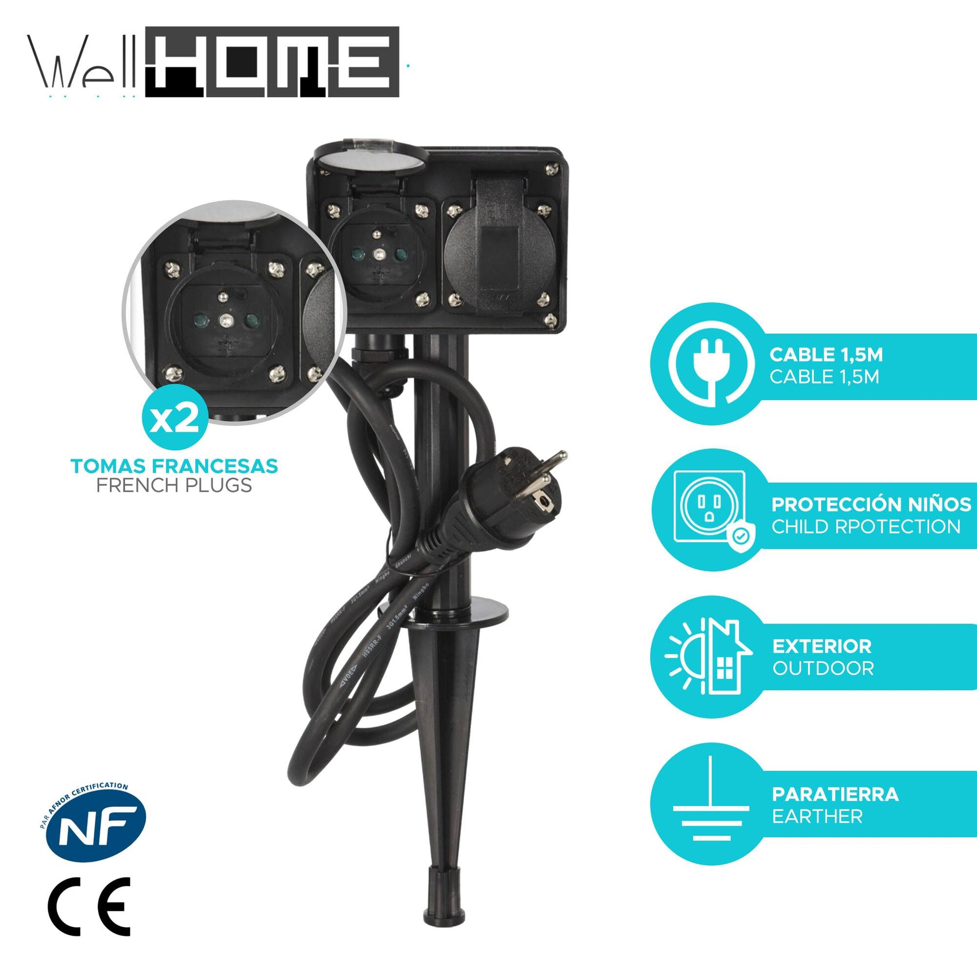 Well Home Estaca De Jardín Con 2 Tomas Francesas Con Temporizador Para Exterior Con Cable De 1,5m_1