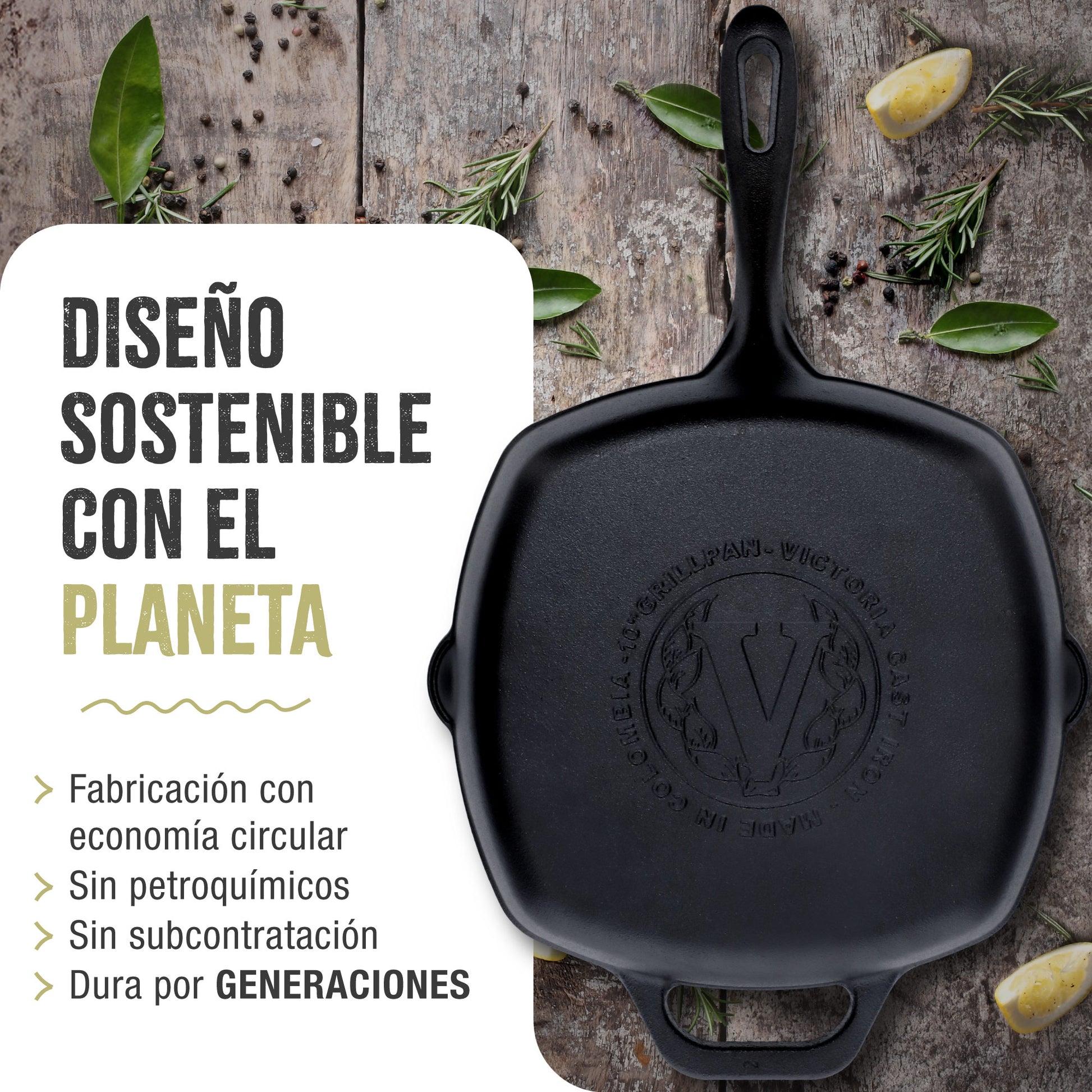 Victoria Sartén Grill Hierro Fundido Esmaltado Inducción 25x25cm Apta Fuego Barbacoa, Cast Iron Skillet, 39561, Negro_5