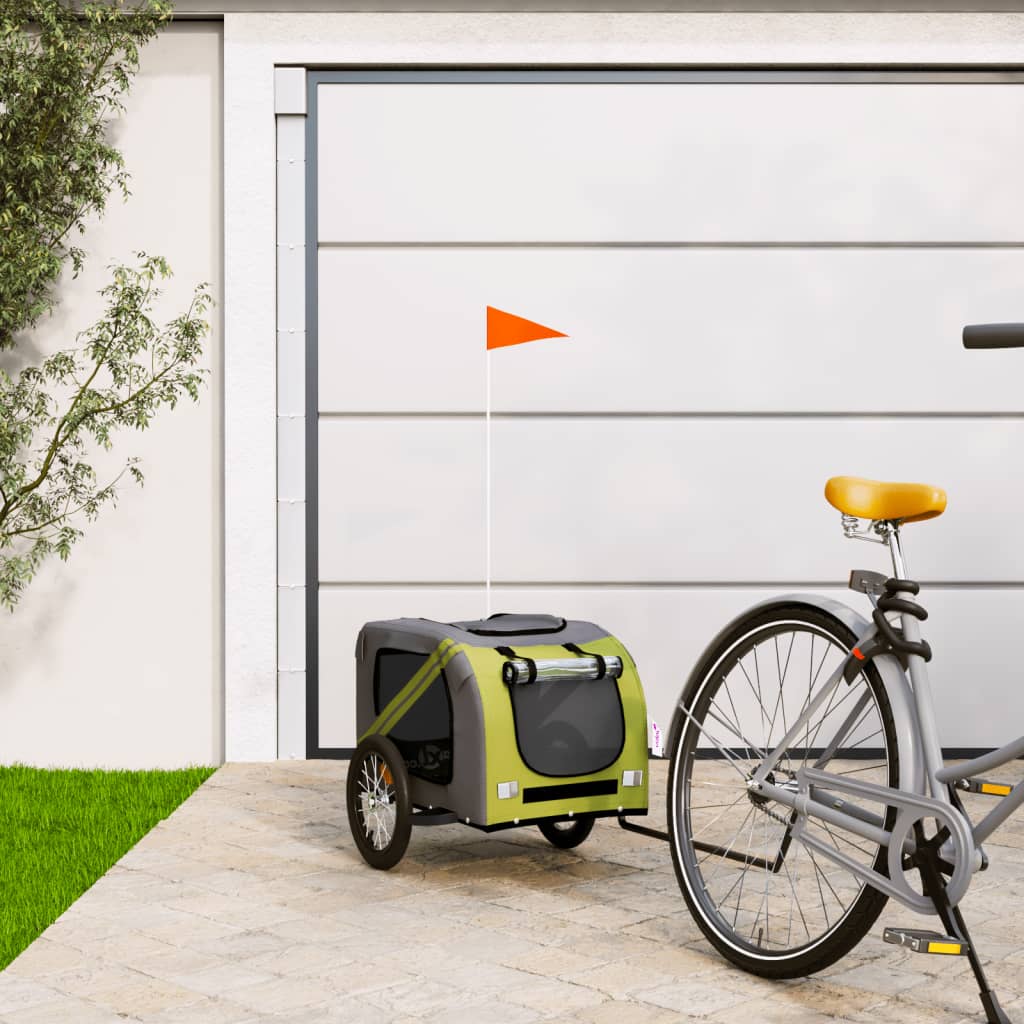Remolque De Bicicleta Mascotas Hierro Tela Oxford Verde Gris_1