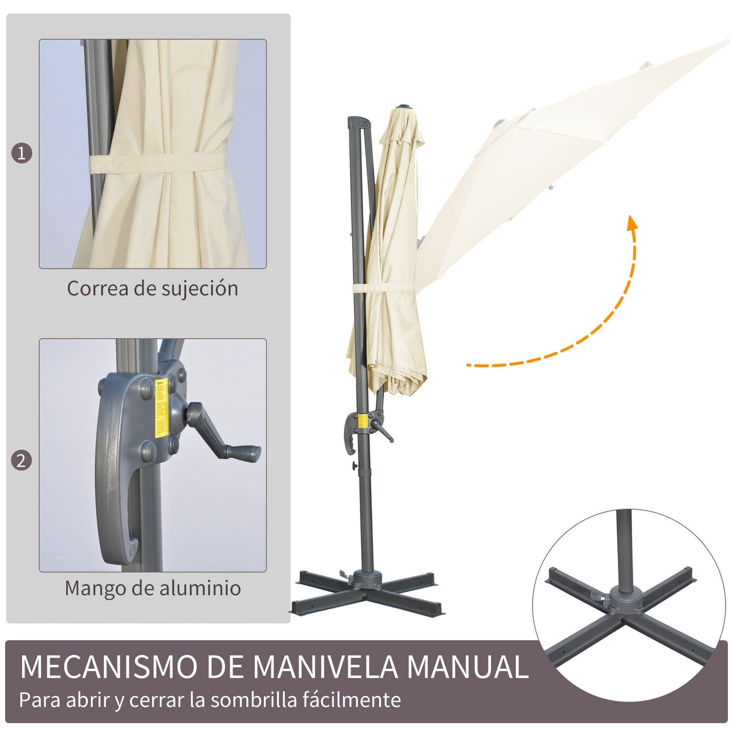 Outsunny Sombrilla De Jardín De Aluminio Ø300x250 Cm Con Manivela Crema_5