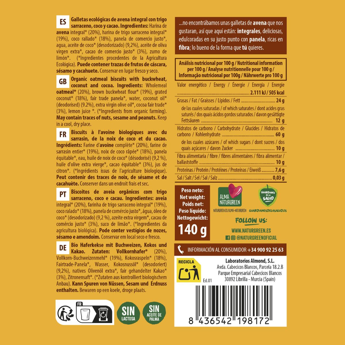 Bolacha de Aveia Integral com Trigo Sarraceno, Coco e Cacau Bio NaturGreen 140 g