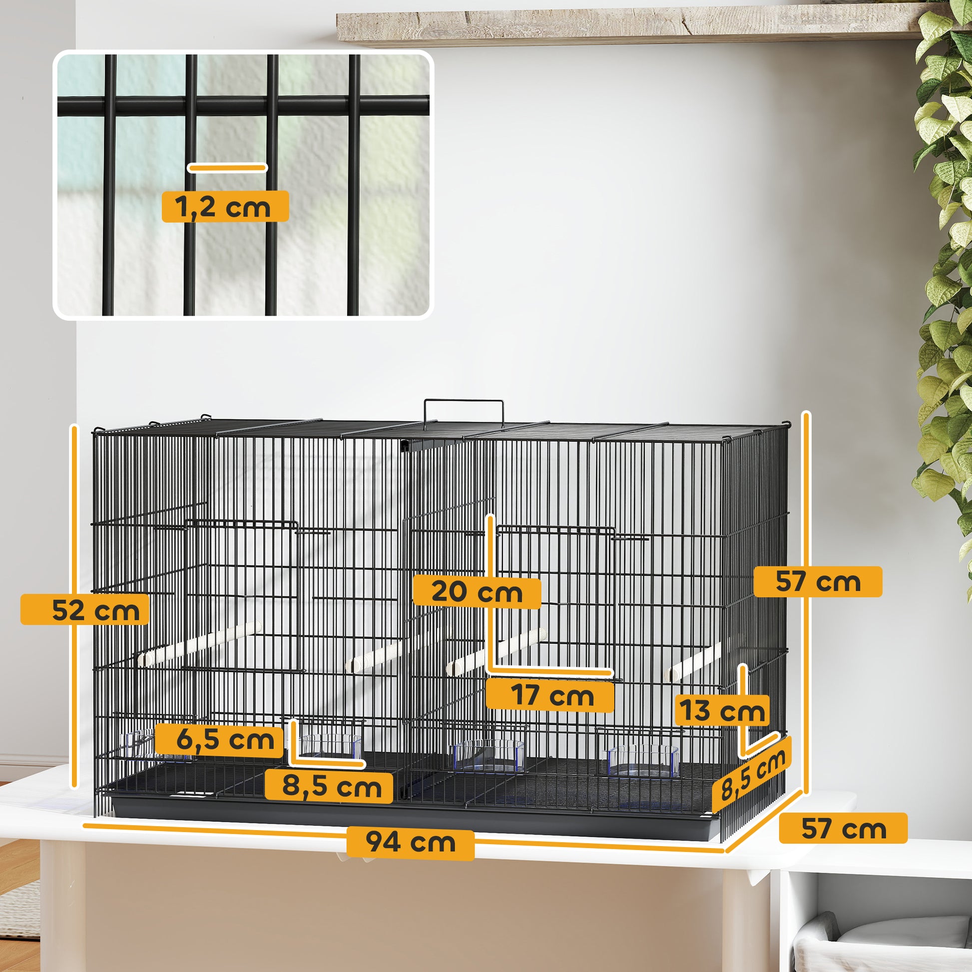 Pawhut Jaula Para Pájaros Con Divisor 4 Comederos 4 Perchas 94x57x57 Cm Negro_2