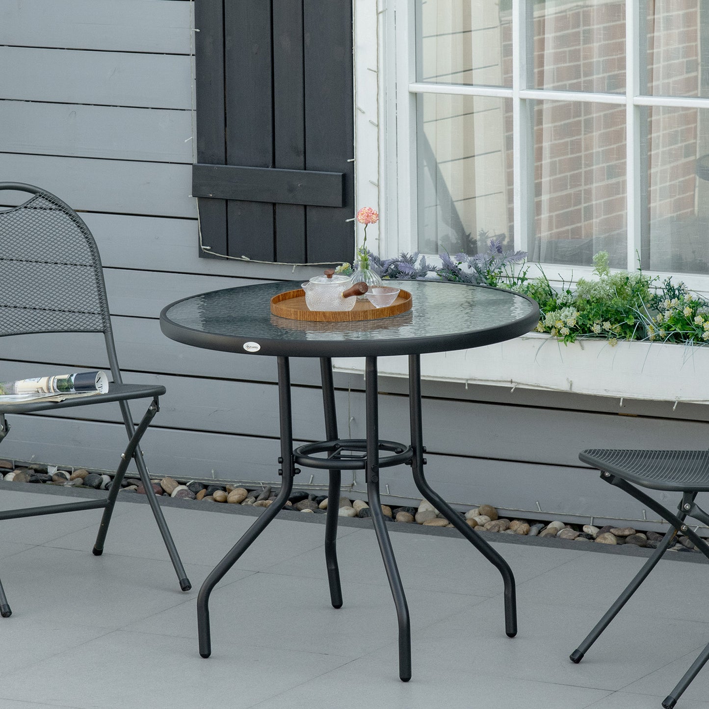 Outsunny Mesa De Jardín Redonda Ø80x72 Cm Con Agujero Para Sombrilla Negro_1