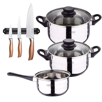 Bateria De Cocina 5 Piezas San Ignacio De Acero Inoxidable Con Set De 3 Cuchillos En Acero Inoxidable Con Barra Magnetica Aptas Para Induccion_0