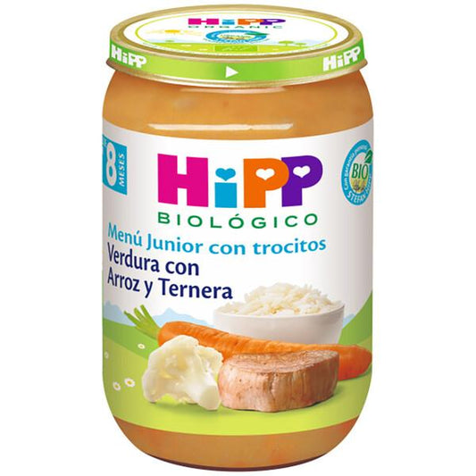 Pote de vegetais biológicos HiPP com arroz e carne +8 meses 220g