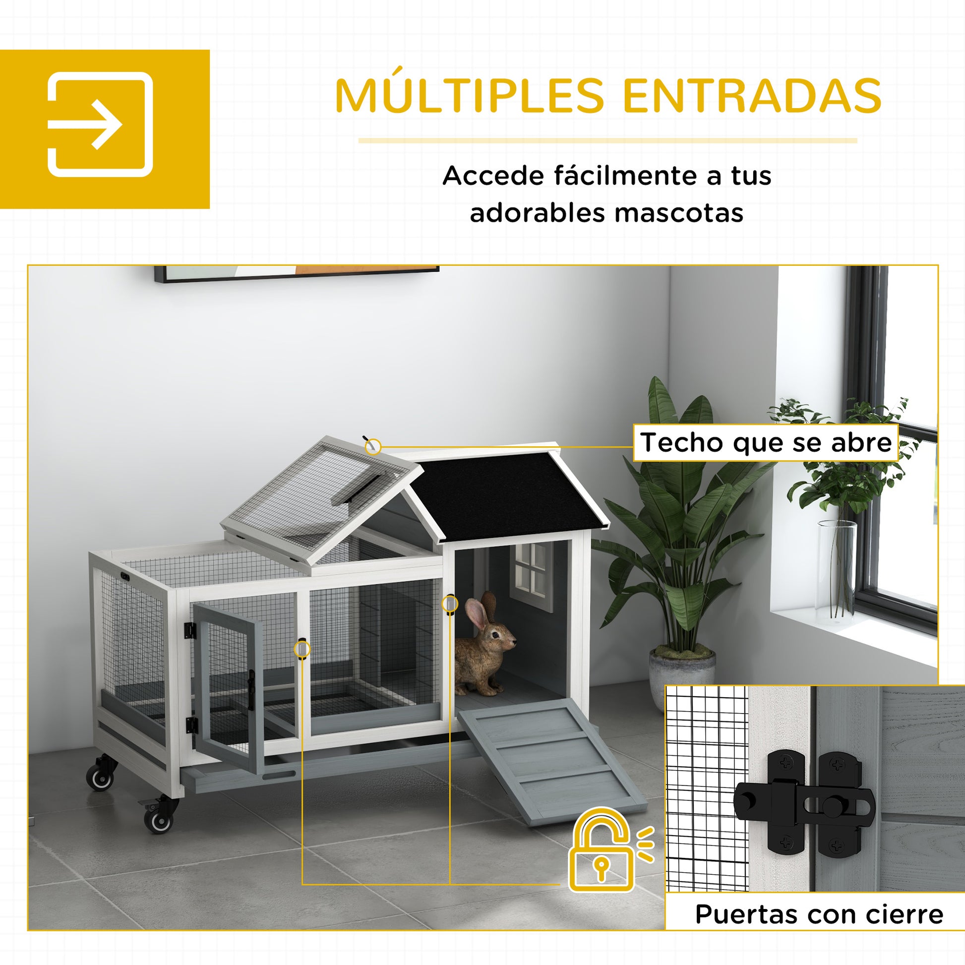 Pawhut Conejera De Madera Con Ruedas Techo Abatible 108x58x73,5 Cm Gris_5