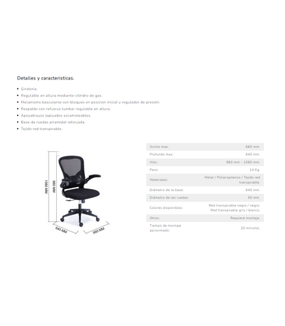 Silla Giratoria Regulable Lexi Tapizada En Tejido Red Transpirable Negro, 66 X 64 X 98-108_3