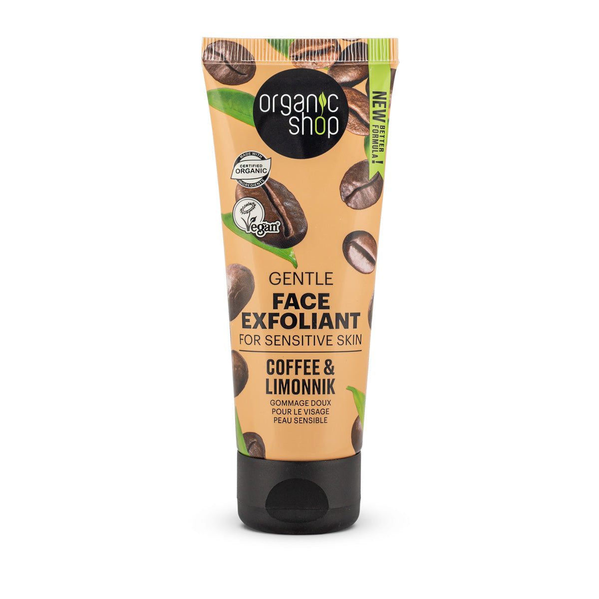 Esfoliante facial suave para peles sensíveis com café e esquizandra, Organic Shop 75 ml