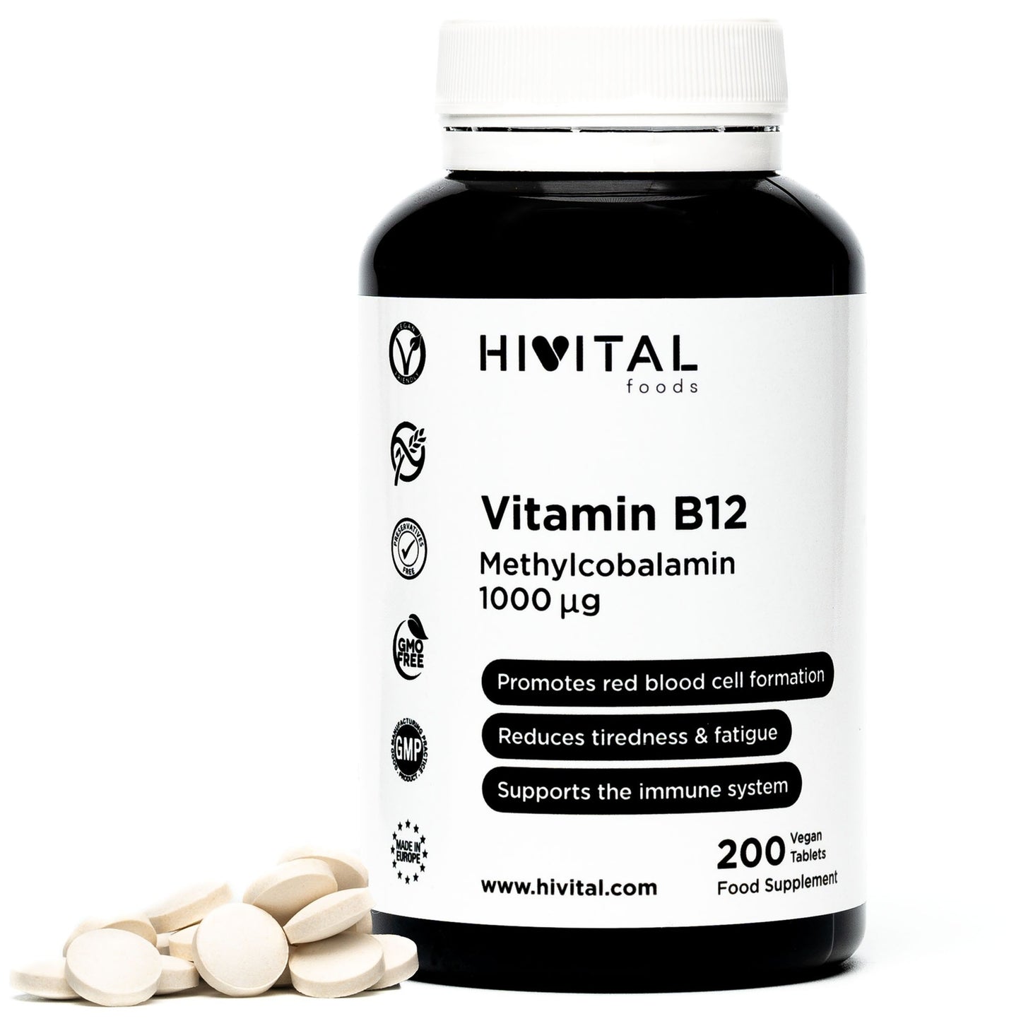 Vitamina B12 Metilcobalamina 1000 mcg Hivital 200 comprimidos vegan
