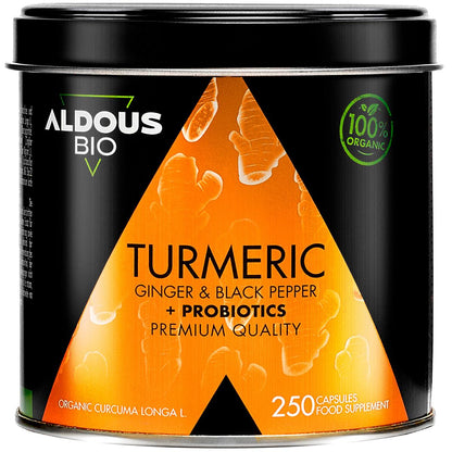 Cúrcuma biológica com gengibre, pimenta preta e probióticos, 250 cápsulas. Aldous Bio