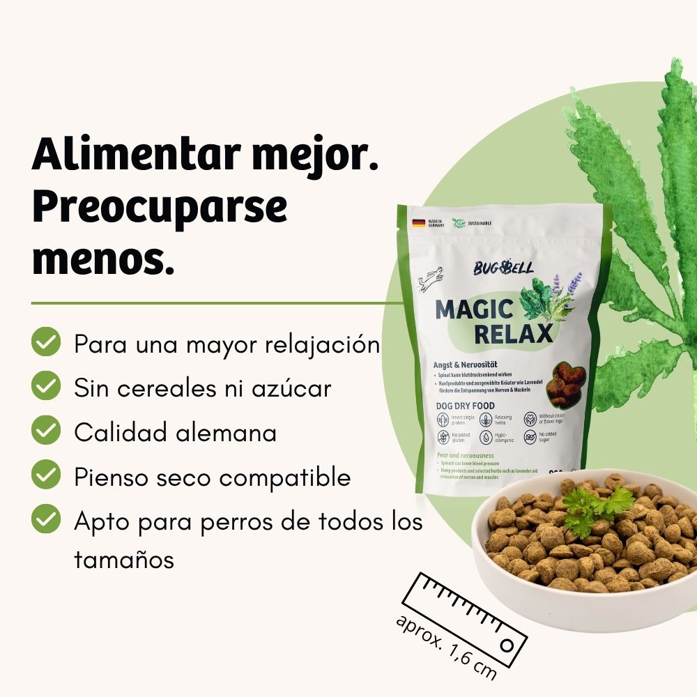 BugBell MagicRelax Pienso – Hipoalergénico, sin cereales, con proteína de insecto, cáñamo, hierbas y omega 3_1