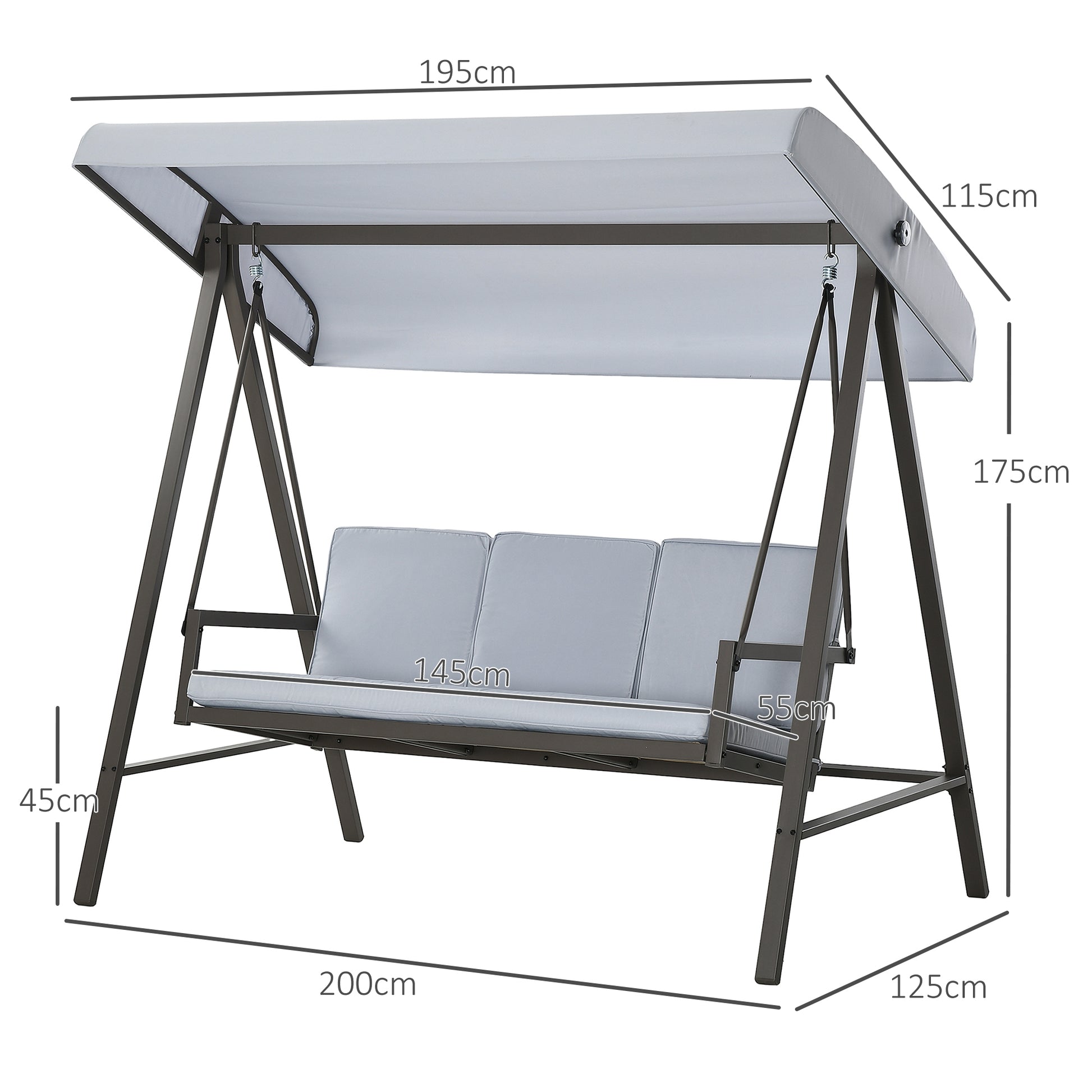 Outsunny Columpio De Jardín De 3 Plazas Con Toldo Ajustable 200x125x175 Cm Gris_2