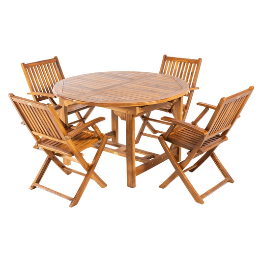 Conjunto De Exterior De Madera Teca, Mesa Redonda Extensible 120/180 Cm Y 4 Sillones Plegables, Madera Teca Grado A, Tratamiento Al Agua Aplicado_0