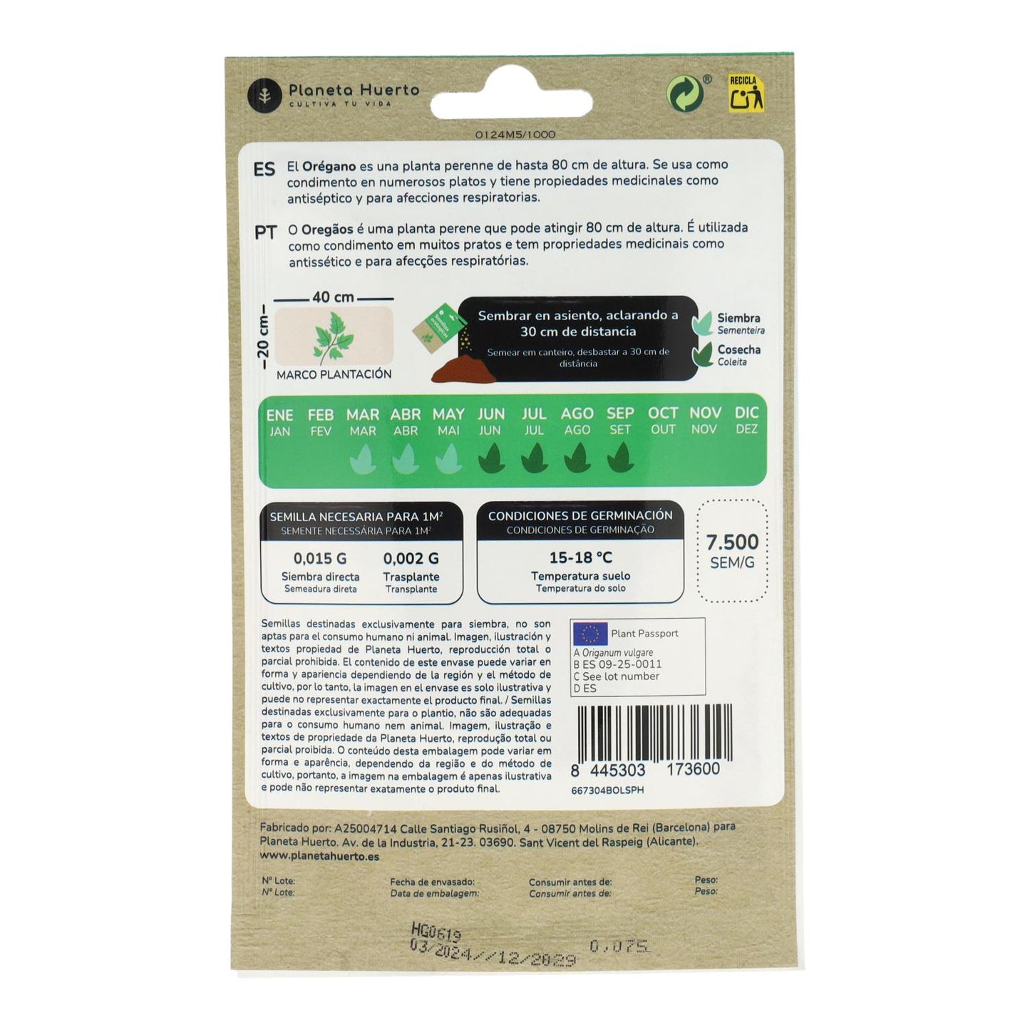 Sementes de orégãos biológicos da Planeta Huerto