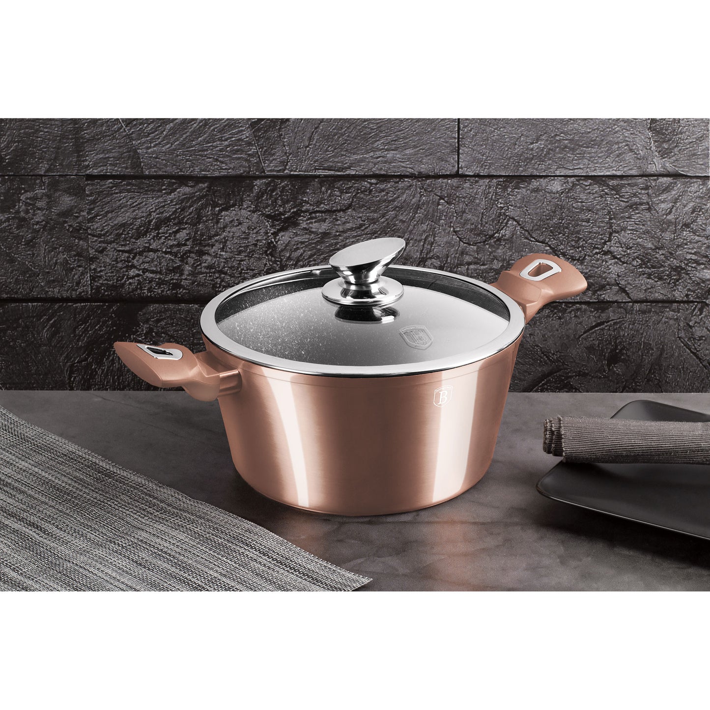 Batería De Cocina Aluminio Forjado Antiadherente Sin Pfoa, Set 2 Cacerolas, 1 Sartén, Tapas Berlinger Haus Rose Gold Oro Rosado_5