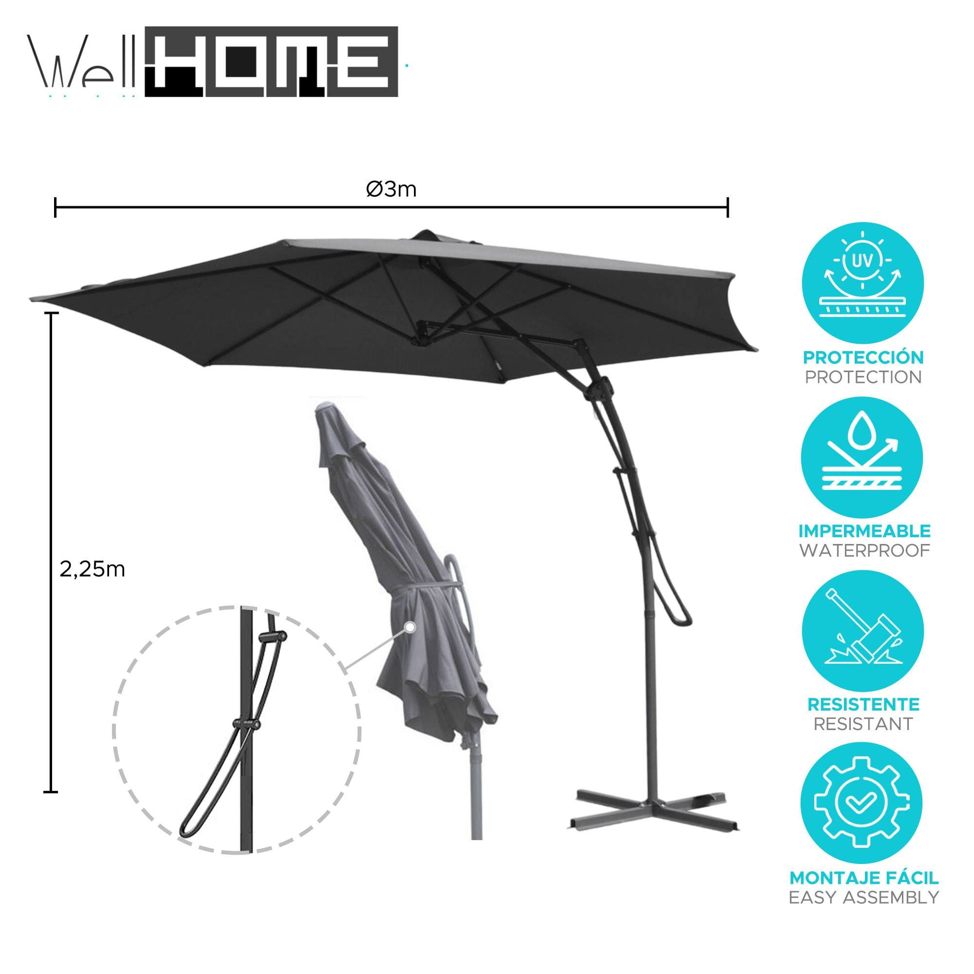 Well Home - Sombrilla Colgante Push Up Ø300cm Gris Oscuro_1
