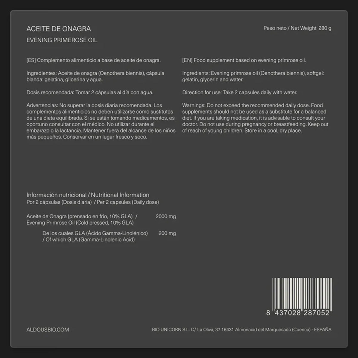 Aceite de Onagra Perlas 2000mg Aldous Bio 200 cápsulas blandas