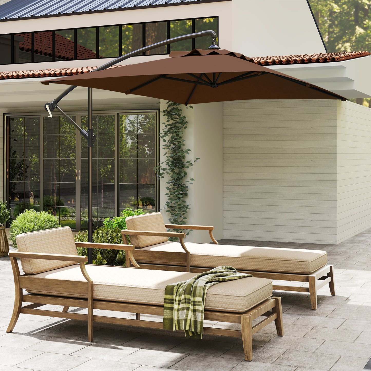 Outsunny Parasol Excéntrico 294x193 Cm Con Base Cruzada Impermeable Marrón_4