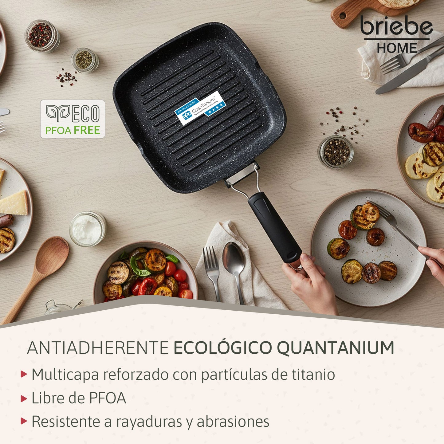 Briebe Grill Asador, Inducción, Antiadherente Titanio 24x24cm Aluminio Fundido Sin Pfoa Mango Plegable, Gp1158, Negro_3