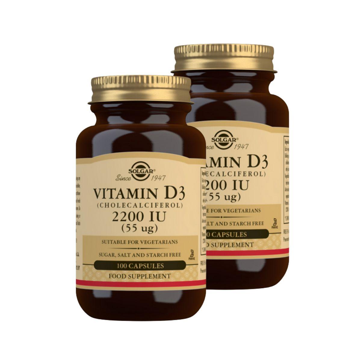 Vitamina D3 2200 UI, embalagem de 2 cápsulas de 100 mg