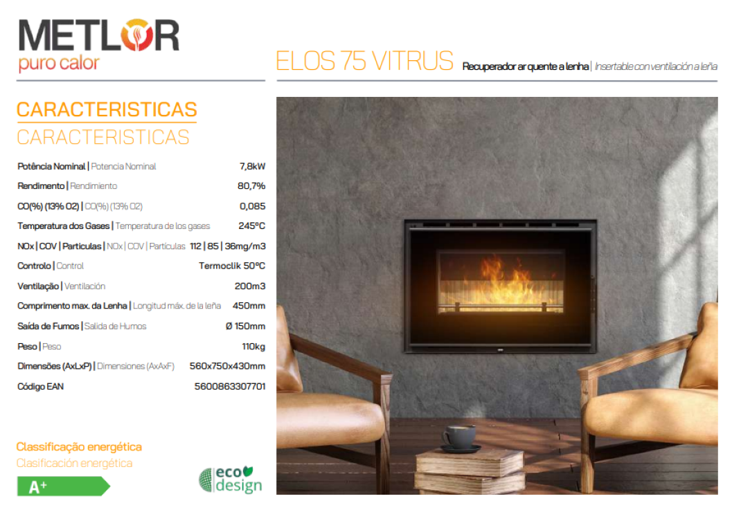 Insertables Con Ventilación A Leña Metlor Modelo Elos 75 Vitrus_1