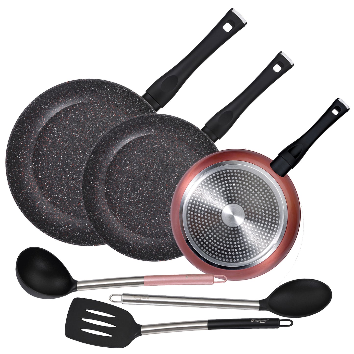 Pack De 3 Sartenes Ø20/24 Y 28 Cms + Set De 3pc De Utensilios De Cocina En Nylon