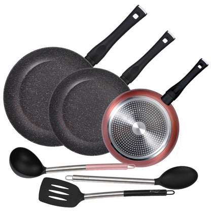 Pack De 3 Sartenes Ø20/24 Y 28 Cms + Set De 3pc De Utensilios De Cocina En Nylon