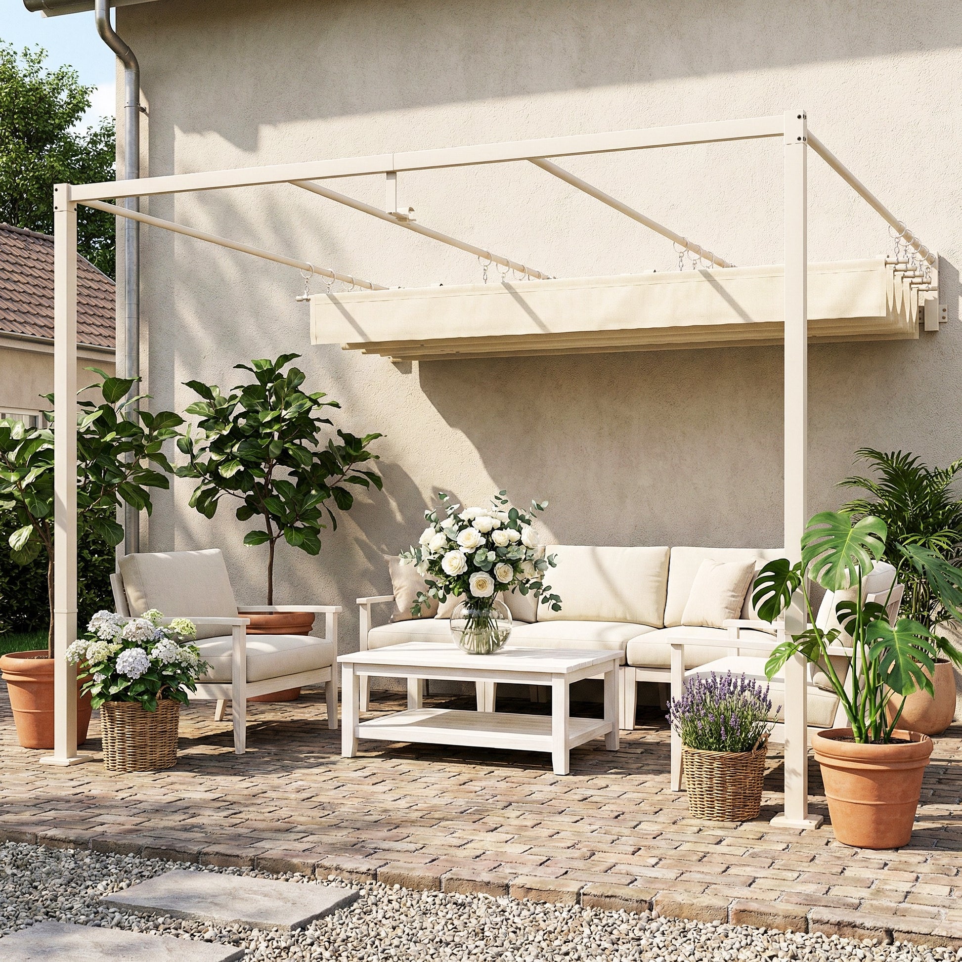 Outsunny Pérgola De Pared 3x3 M Con Techo Retráctil Upf30+ Beige_3