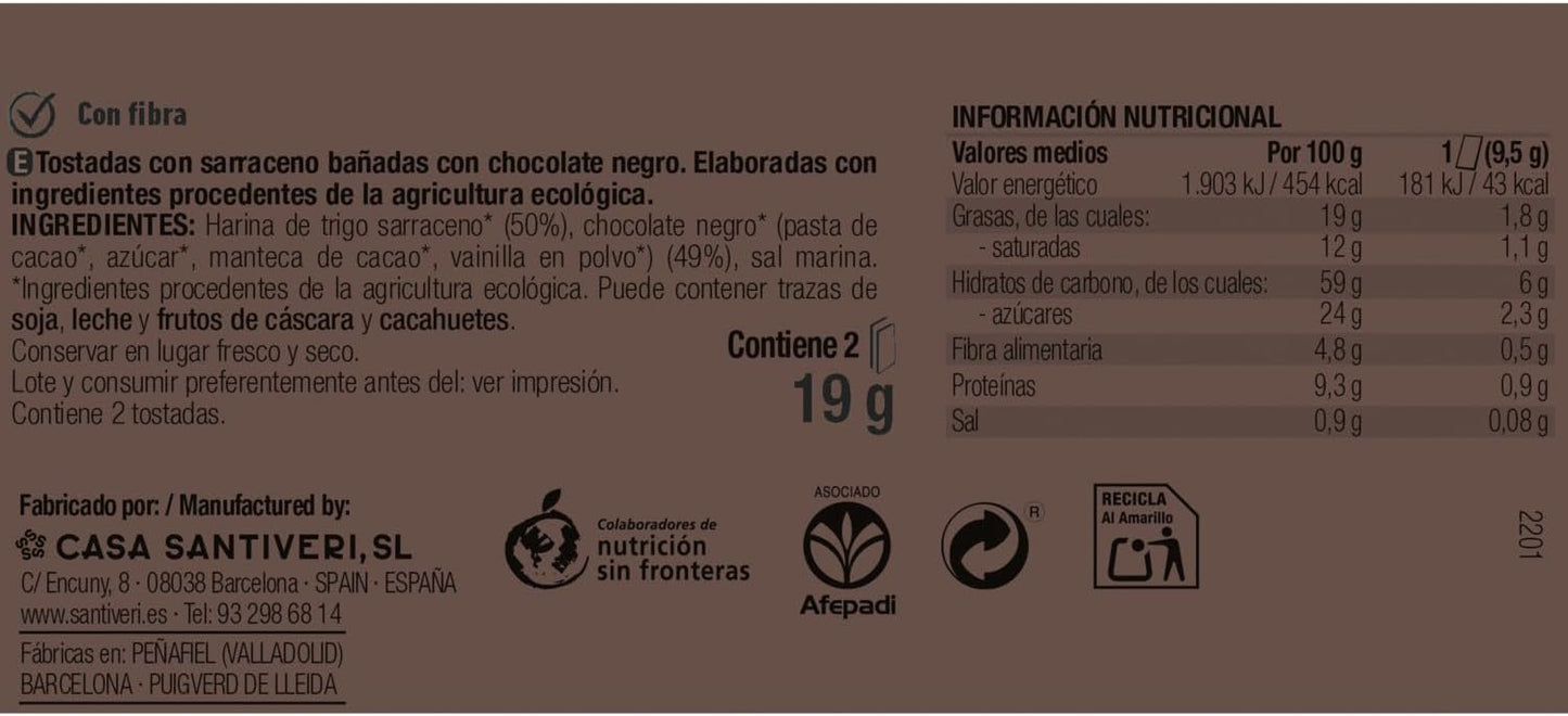 Tosta crocante de trigo sarraceno com chocolate negro biológico 3x57g