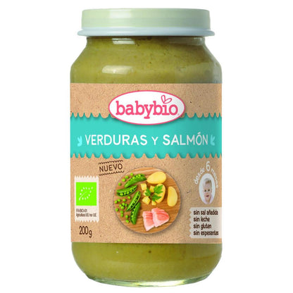 Embalagem com 3 potes tradicionais de menu com legumes e salmão, 200g. Babybio