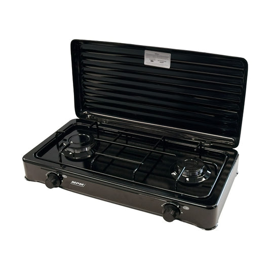 Cocina Gas Portátil Camping, 2 Quemadores, Rejilla Esmaltada, Tapa Protectora, Normativa G30-37 Mbar Mpm Kn-02/1kb Negro_0