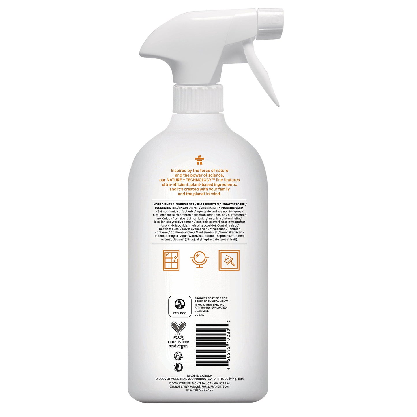 Limpiacristales eco en spray Lima y Lavanda Attitude 800 ml