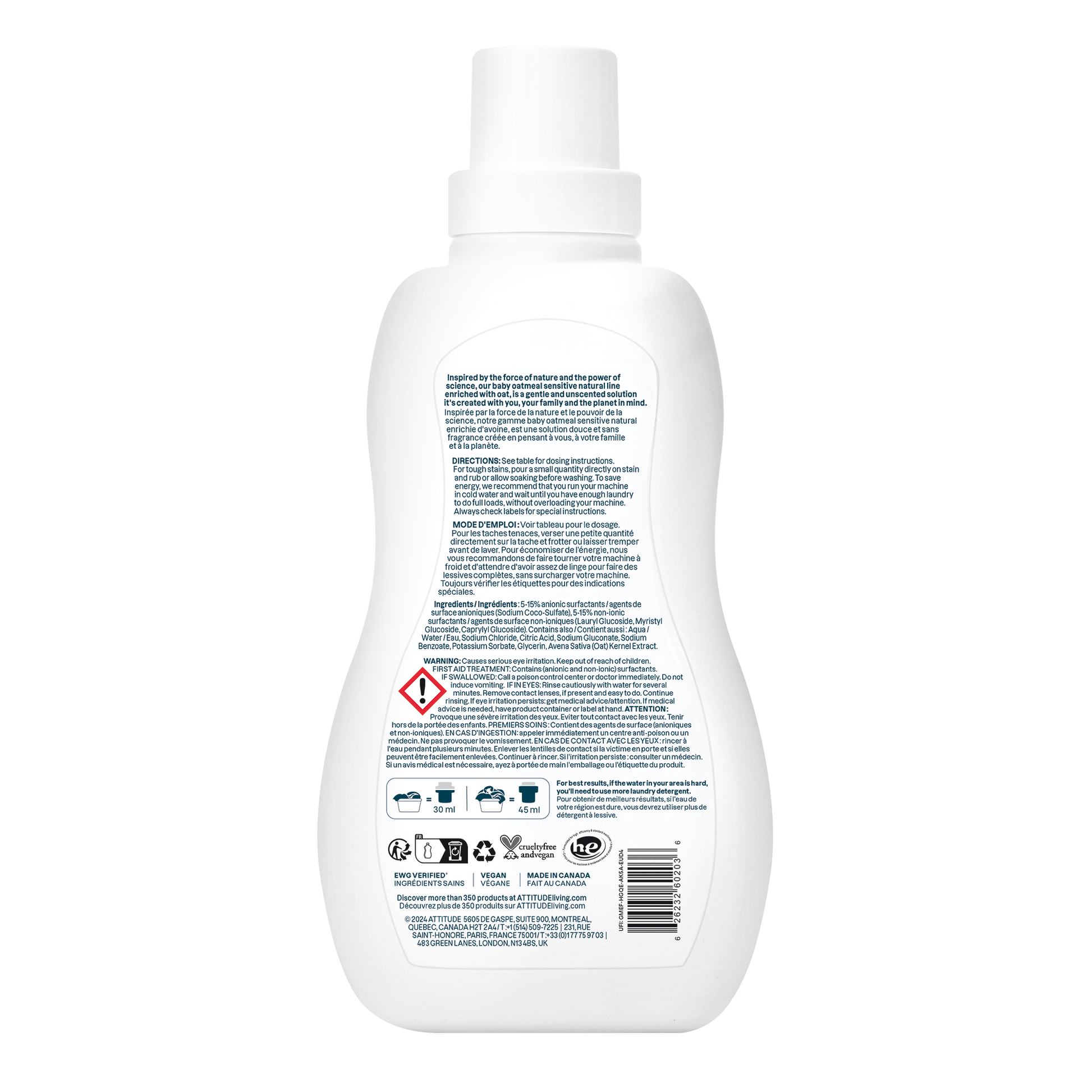 Detergente para ropa Sensitive Natural Baby Care Attitude 35 lavados