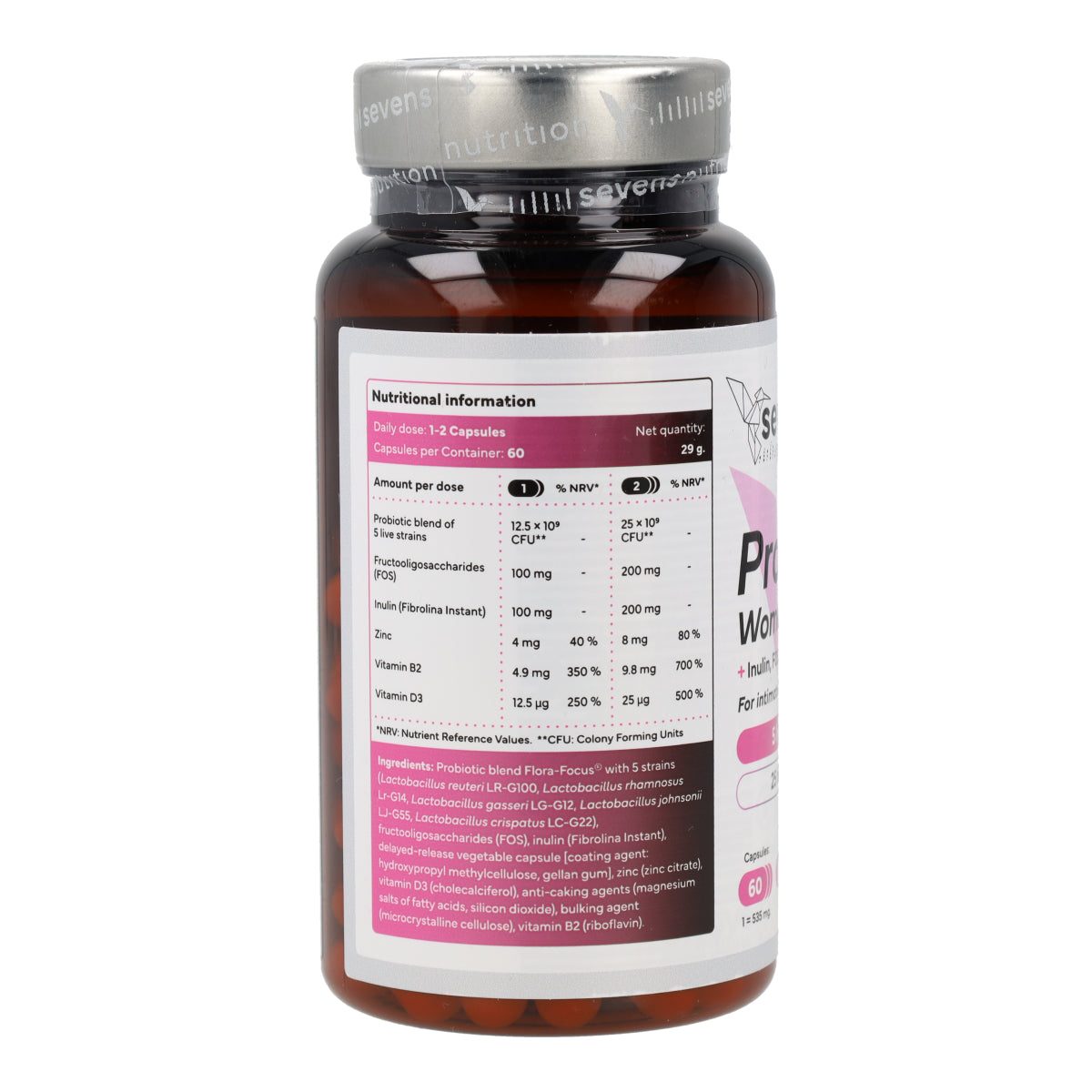 Probióticos Flora Íntima Mujer con Inulina FOS Zinc y Vitaminas B2 y D3 Sevens Nutrition 60 cápsulas