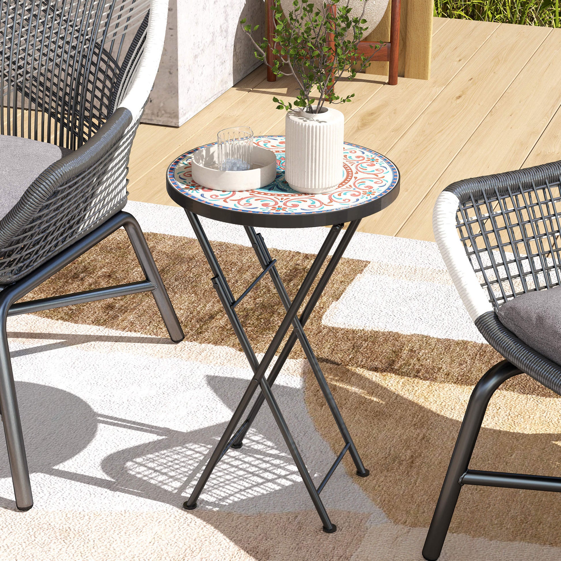 Outsunny Mesa Auxiliar Redonda Plegable Con Encimera De Mosaico Multicolor_1