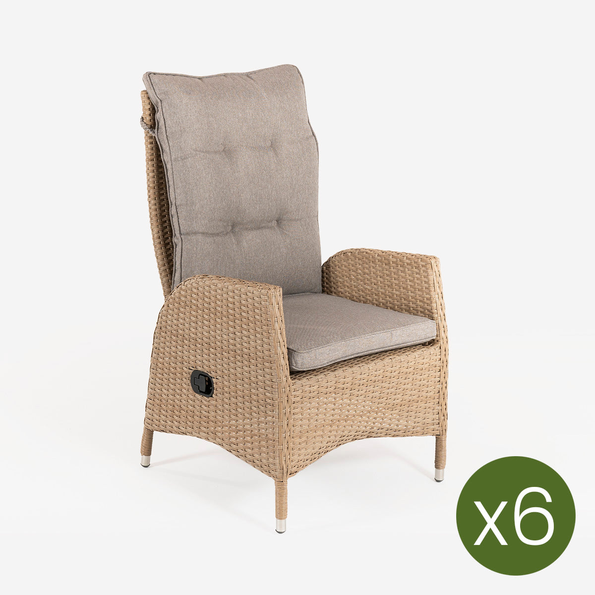 Pack 6 Sillones De Exterior Reclinables, Tamaño: 63x67x120 Cm, Aluminio Y Rattán Sintético Color Natural, Cojín Marrón_2