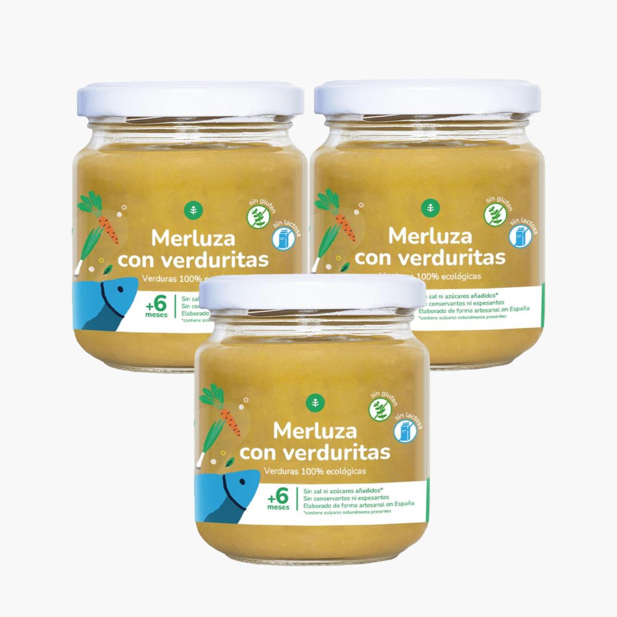 Embalagem de 3 frascos de pescada com legumes do Planeta Huerto, 180 g
